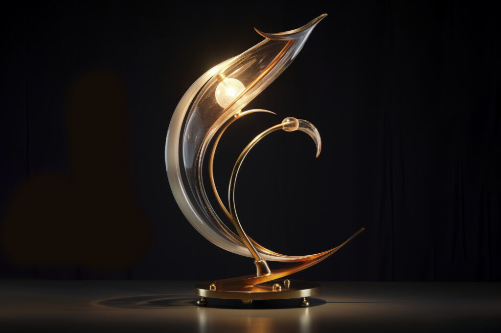 A modern artistic glass table lamp with elegant curved shapes, warm golden light, and a sculptural design set against a dark background.