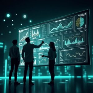 Three data analysts reviewing large digital dashboards with graphs and analytics in a futuristic data visualization environment.